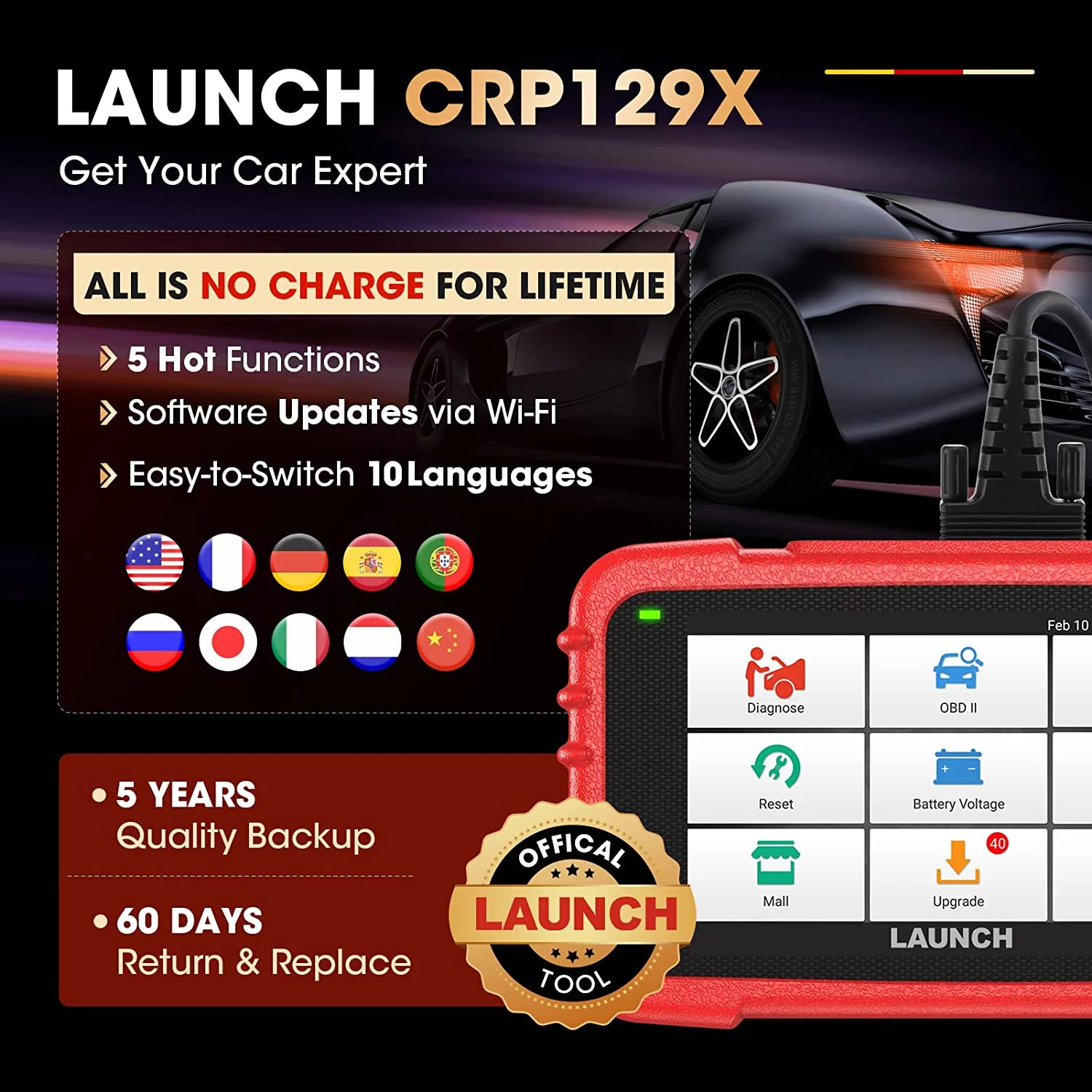 OBD2 Scanner LAUNCH CRP129X Elite  ABS SRS Transmission Check Engine Light Code Reader 8 Reset Oil/EPB/SAS/TPMS/BMS/Throttle/DPF