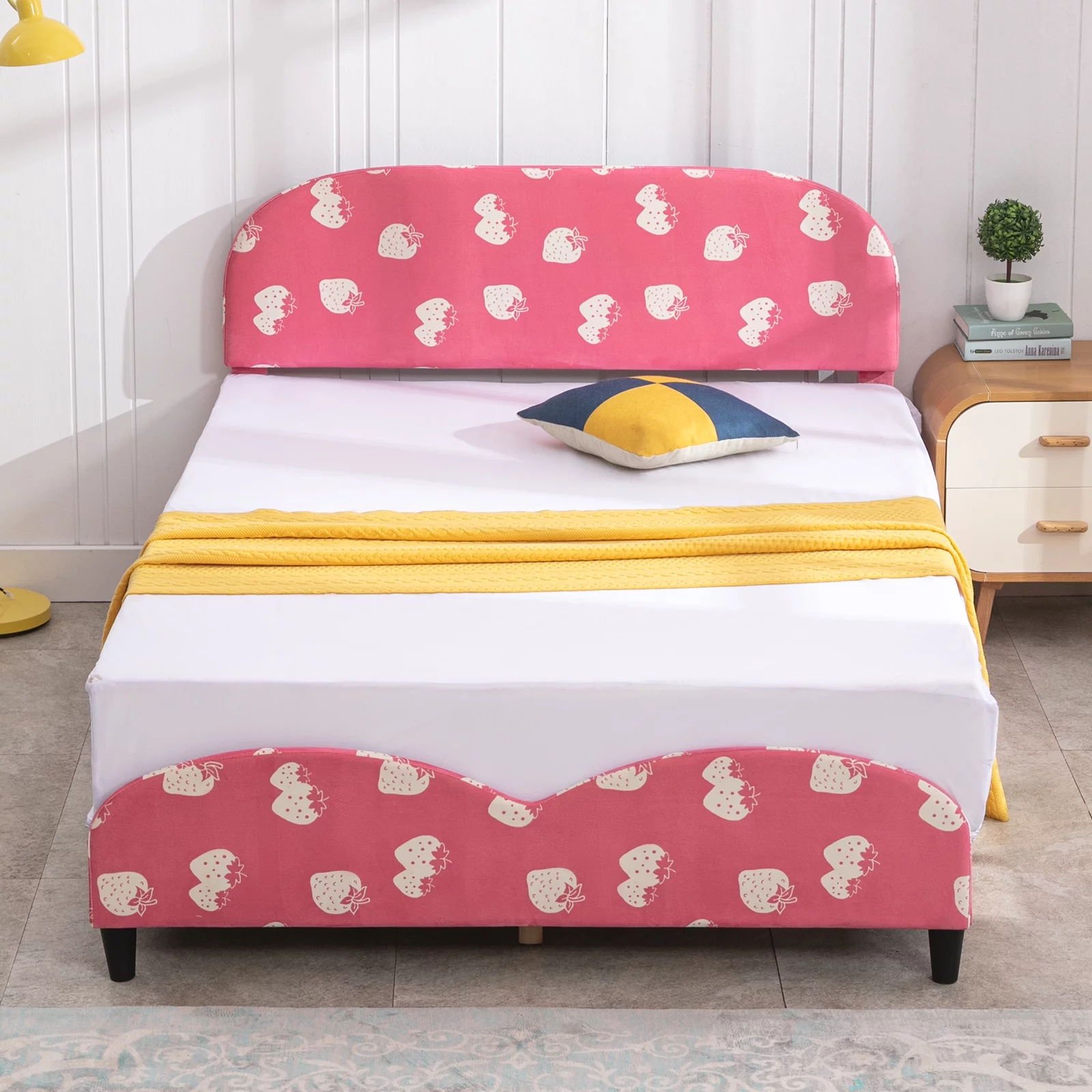 BALUS Kids Twin Bed Frame, Smooth Curved Upholstered Headboard and Footboard, Strawberry Patterns Design, Children's Protective, Easy Assembly, Pink