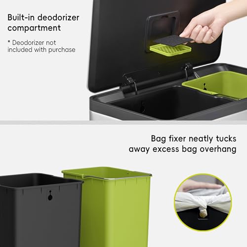 EKO EcoCasa II 36L+24L Dual Trash Can with Recycle Bin, Stainless Steel Garbage Can with Lid, Deodorizer Compartment