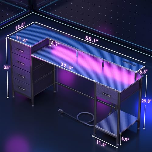 47 Inch Computer Gaming Desk with Power Outlets LED Lights Reversible Home Office with Adjustable Fabric Storage Drawers for Working Writing Study