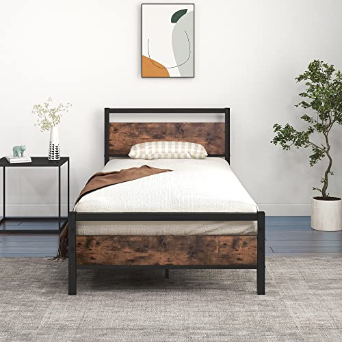 JURMERRY Queen Size Metal Platform Bed Frame with Wooden Headboard and Footboard Heavy Duty Steel Support, Mattress Foundation, No Box Spring Needed