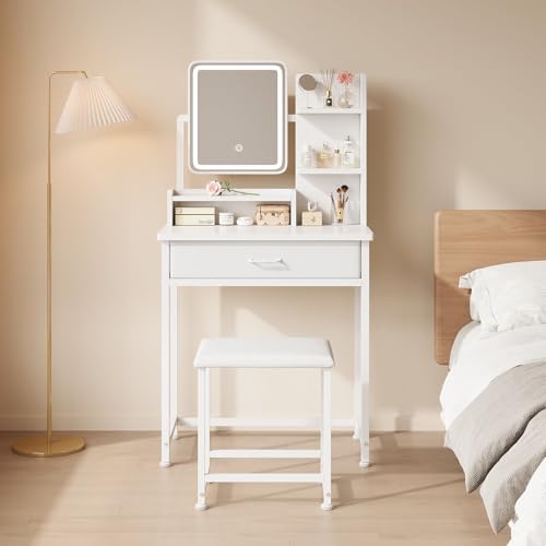 Makeup Vanity Desk with Mirror and Lights, Small Vanity with Fabric Storage Drawer & Chair & Shelves, White Compact Makeup Vanity Set for Bedroom