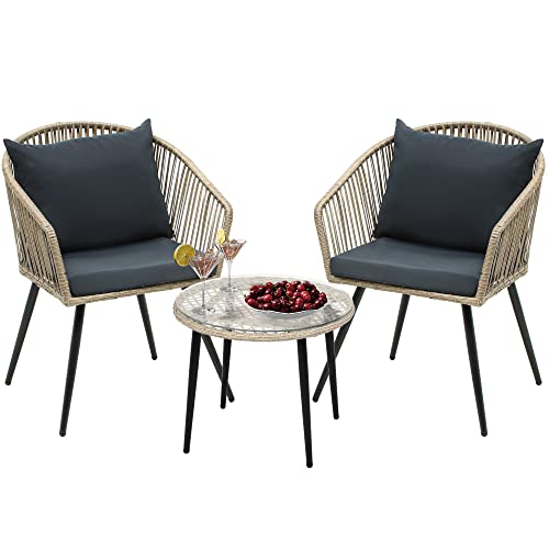 YITAHOME 3-Piece Outdoor Patio Furniture Wicker Bistro Set, All-Weather Rattan Conversation Chairs for Backyard, Balcony and Deck with Soft Cushions