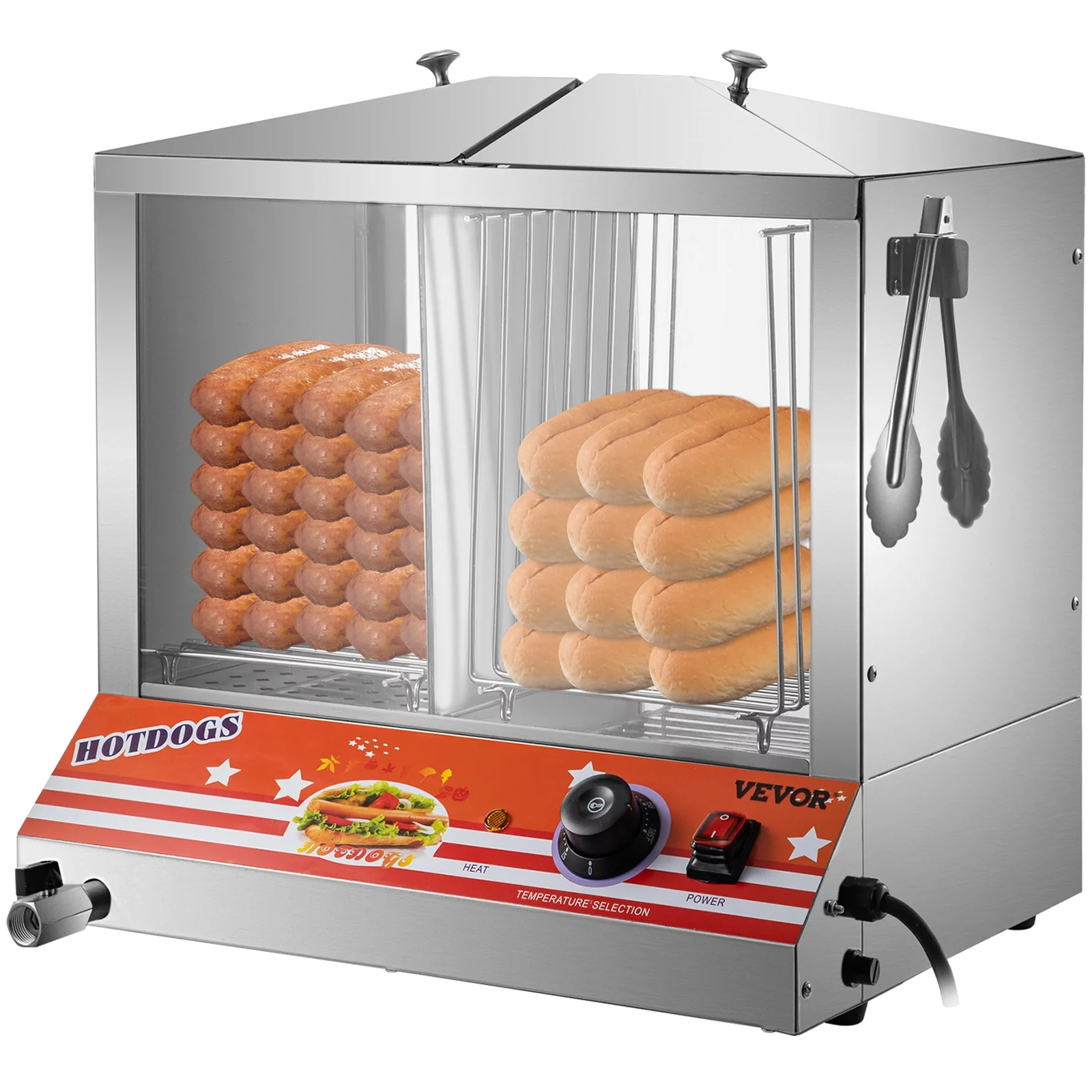 BENTISM Hot Dog Warmer,Top Load Hut Steamer for 100 Hot Dogs&48 Buns,Stainless Steel food warmer with Bun Warmer