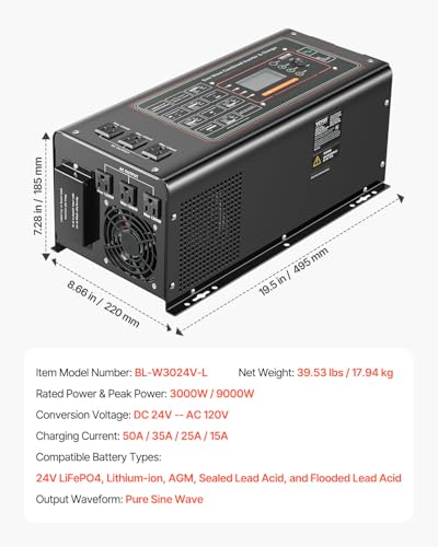 VEVOR Pure Sine Wave Inverter Charger, 2000 Watt, DC 12V to AC 120V, Battery Charger with LCD Display, Remote Control