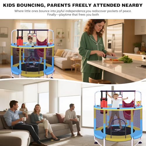 Trampoline for Kids, 5FT Adjustable for Toddler, Indoor/Outdoor Baby Trampoline with Enclosure Net, No-Gap Safe Design, Gifts for Boys & Girls