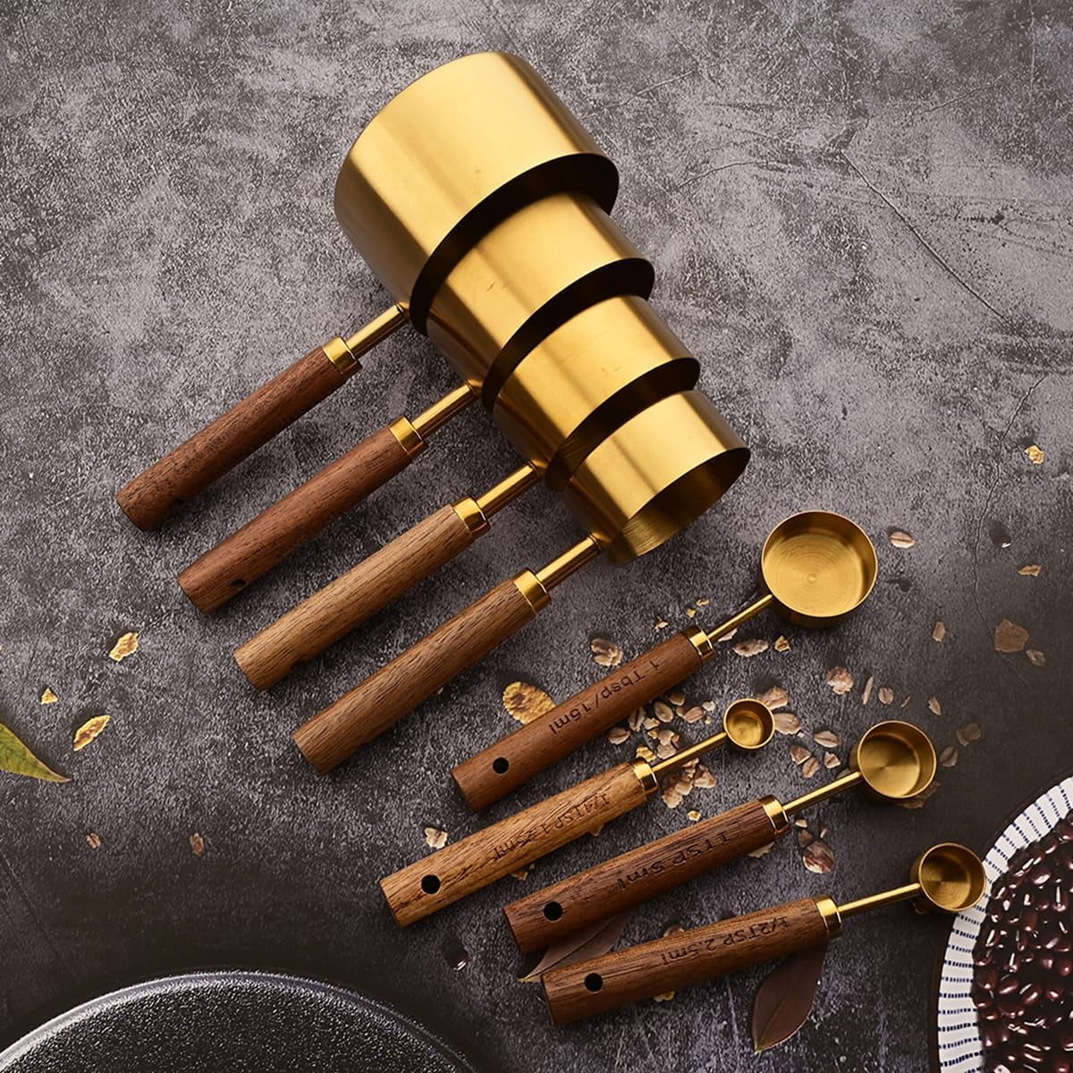 8 pieces Golden Measuring Cups Set and Measuring Spoons Set with Scale, Wooden Handle Stainless Steel Dry &amp