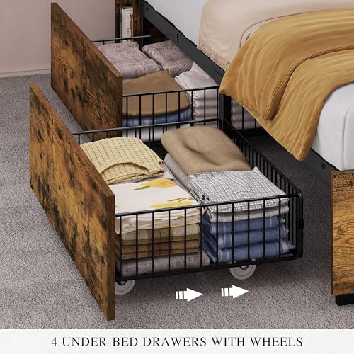 YITAHOME Queen Bed Frame with Bookcase Headboard and 4 Storage Drawers, RGB LED Bed Frame with Type-C & USB Charging Station Storage Headboard Bed