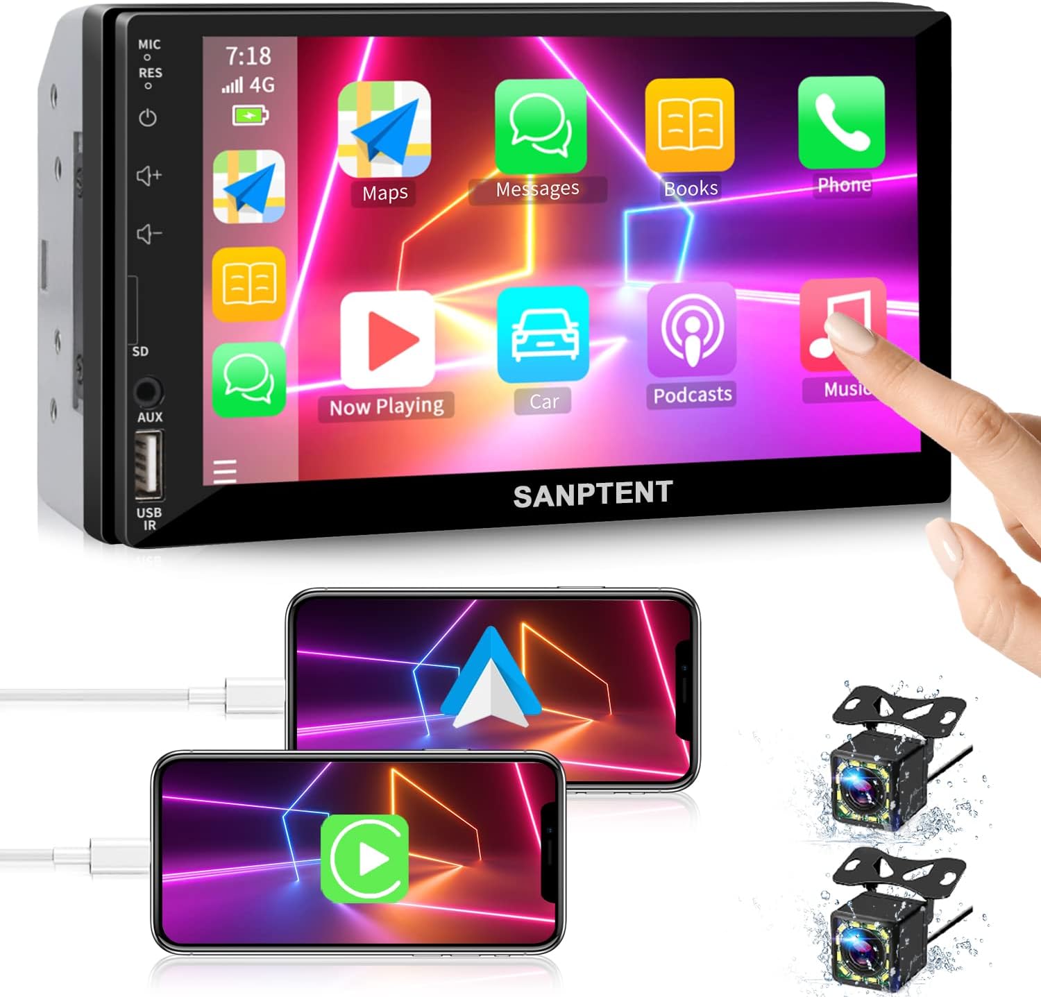 Double Din Car Stereo Radio Audio Receiver Compatible with Carplay, Android Auto, Mirror Link, 7 Inch Full Touchscreen Car Stereo