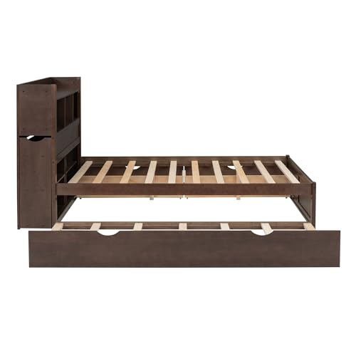Full Size Storage Bed with Bookcase Headboard and Trundle, Wood Platform Bed Frame with Charging Station
