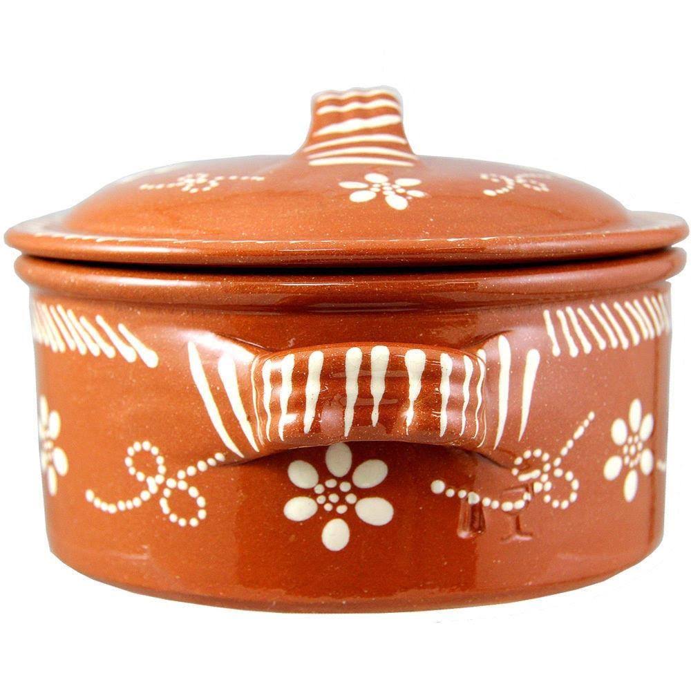 Traditional Portuguese Hand Painted Clay Terracotta Cazuela Cooking Pot with Lid
