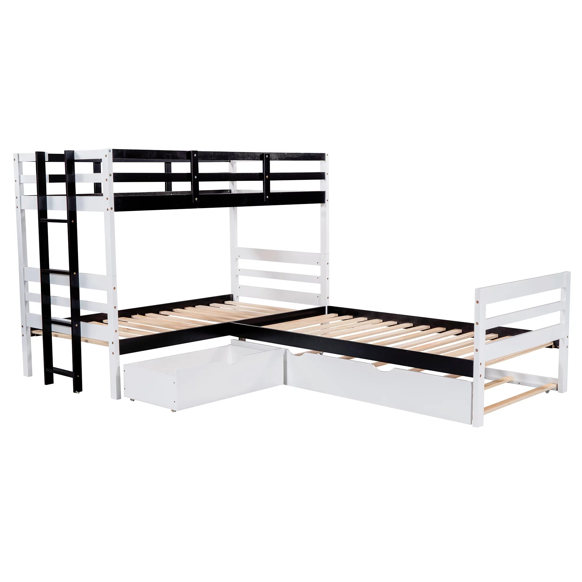 L-Shaped Twin Bunk Bed and Platform Bed with Trundle and Drawer, White - Curated Treasures Market