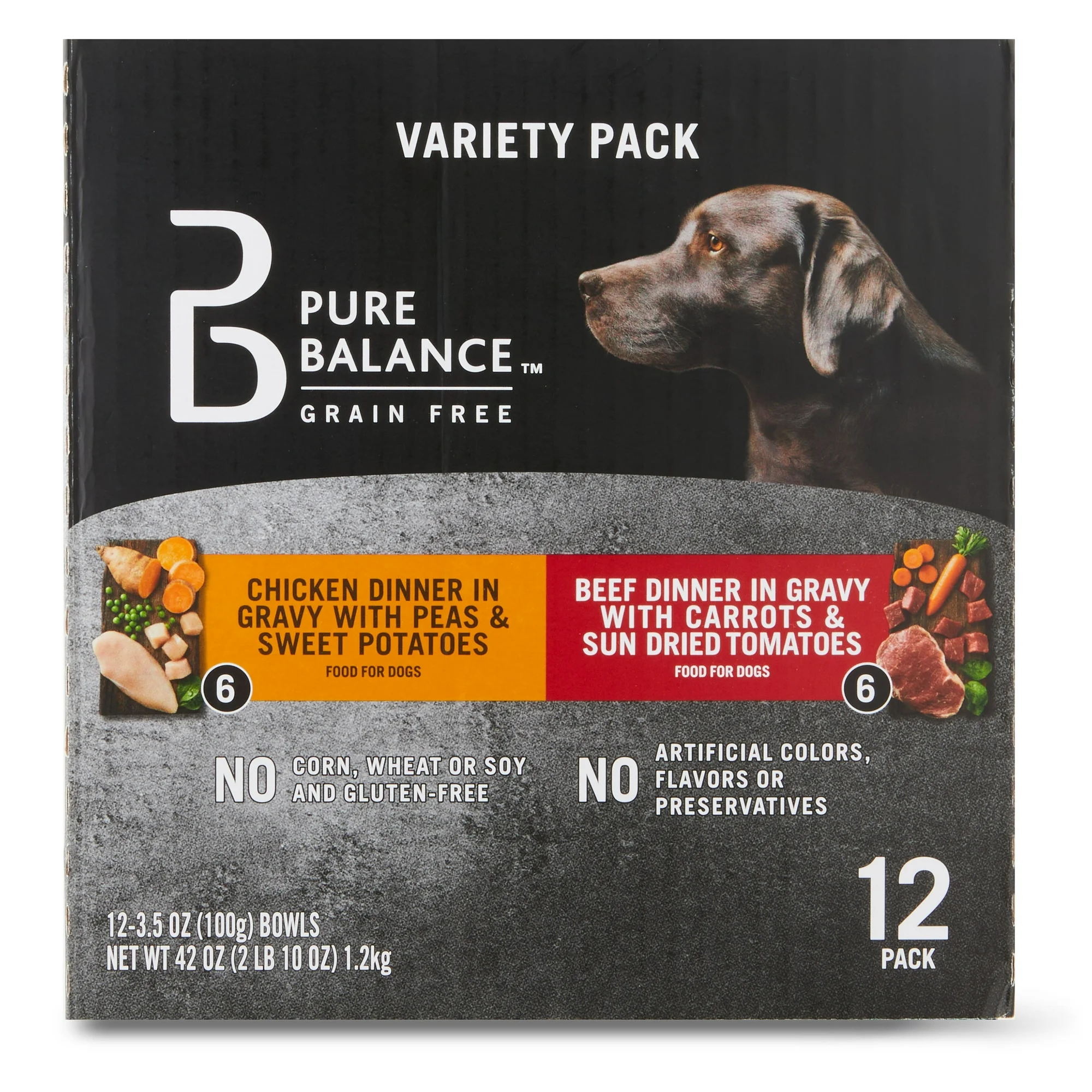 (24 pack) Pure Balance Grain Free Chicken Dinner in Gravy &amp; Beef Dinner in Gravy Wet Dog Food Variety Pack, 3.5 oz, 12 Count