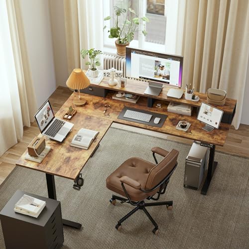 Agilestic L Shaped Electric Standing Desk with 2 Drawers, 63 Inch Ergonomic Adjustable Height Desk with Storage