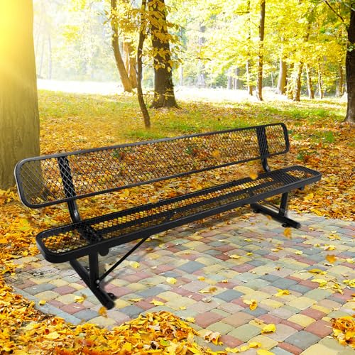 8FT Heavy Duty Park Bench with Back Portable Frame, Outdoor Metal Park Bench with Backrest, Steel Mesh Outdoor Bench for Garden, Lawn, Patio, Porch