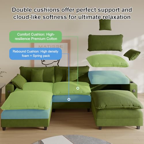 Modular Sectional Sofa, Cloud Couch with Ottoman, Charging Station, Throw Pillows, Cup Holders, Modern Convertible U Shaped Couches for Living Room