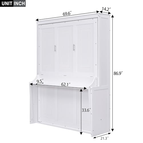 Queen Size Murphy Bed Wall Cabinet with 2 Wardrobe and Storage Shelf, Wooden Murphy Cube Wall Bed