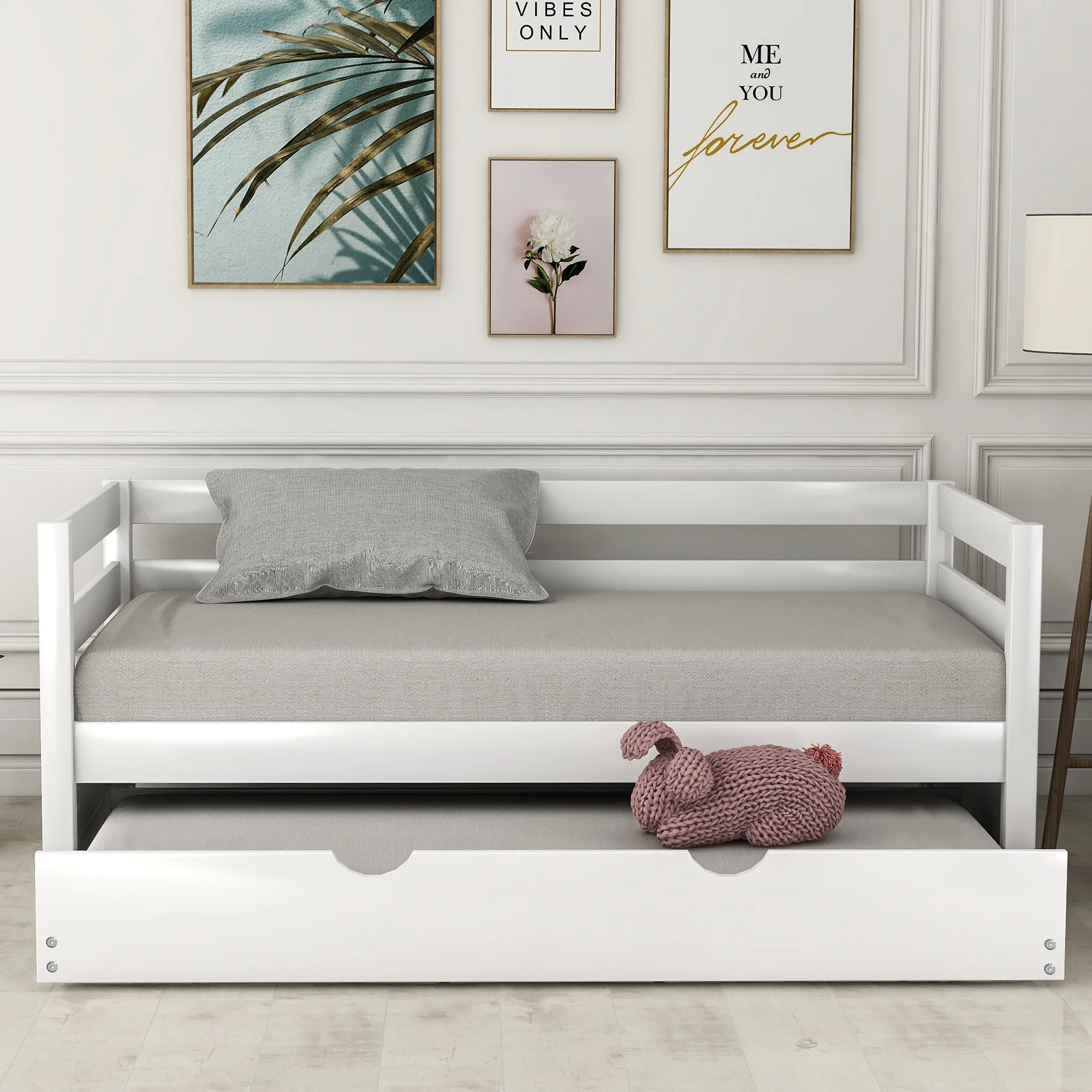 EUROCO Solid Wood Daybed with Trundle, Twin for Kids Room, White