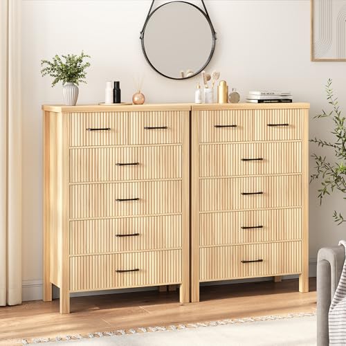 Fluted 6 Drawers Dresser for Bedroom, Tall Boho Chest of Drawers with Metal Handle, Wooden Closet Clothes Storage Organizer for Living Room