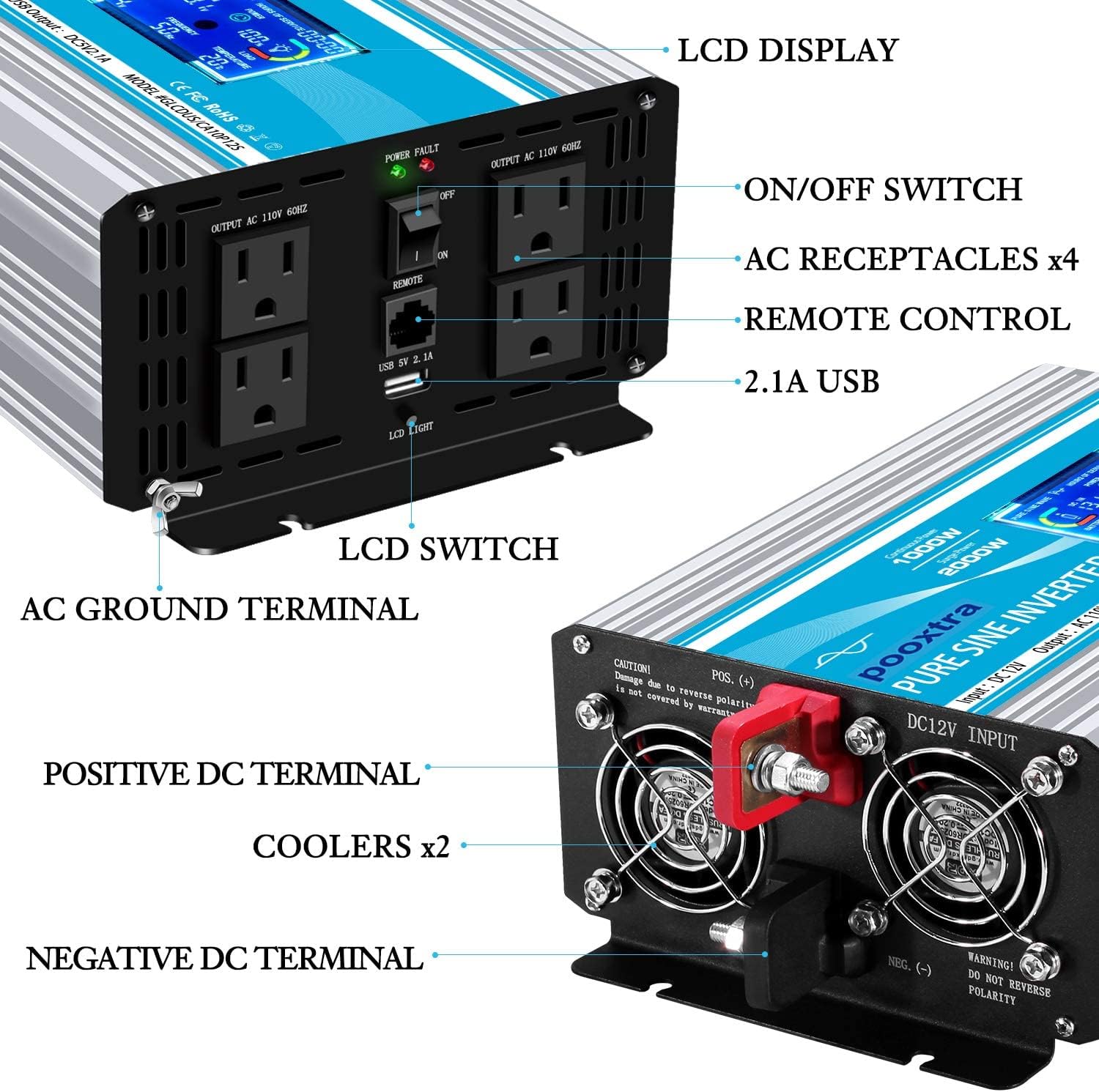 2000 Watt Pure Sine Wave Inverter 12V DC to 110V/120V AC Power Converter with LCD Display & USB Port +4 AC Outlets Car Power for Home RV Trucks Car