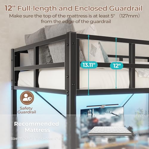DICTAC Loft Bed Twin Size with Ladder and Guardrail,Metal Twin Loft Bed with Led Lights,Small Space Saving Furniture Design for Bedroom