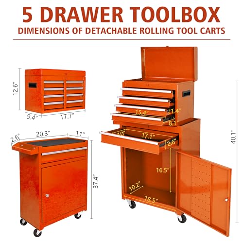 5-Drawer Rolling Tool Chest, Modular Tool Cabinet with Brake Casters & Removable Drawers, Workshop Toolbox Cart for Factory/Garage, Black