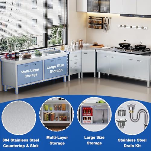 ZZV Freestanding Stainless Steel Sink with Cabinet Heavy Duty Utility Sink Commercial for Kitchen Restaurant Hotel Cafe and Outdoor