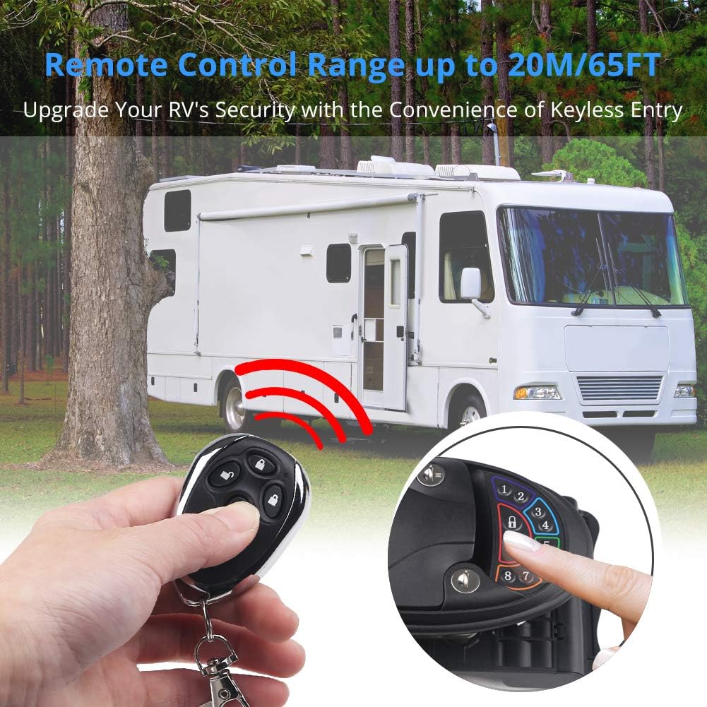 WATERWICH RV Keyless Entry Door Lock Handle Latch Zinc Alloy Wireless with Keypad & Fob 20m Remote Control for Caravan Camper Bus Yacht Ferry Truck