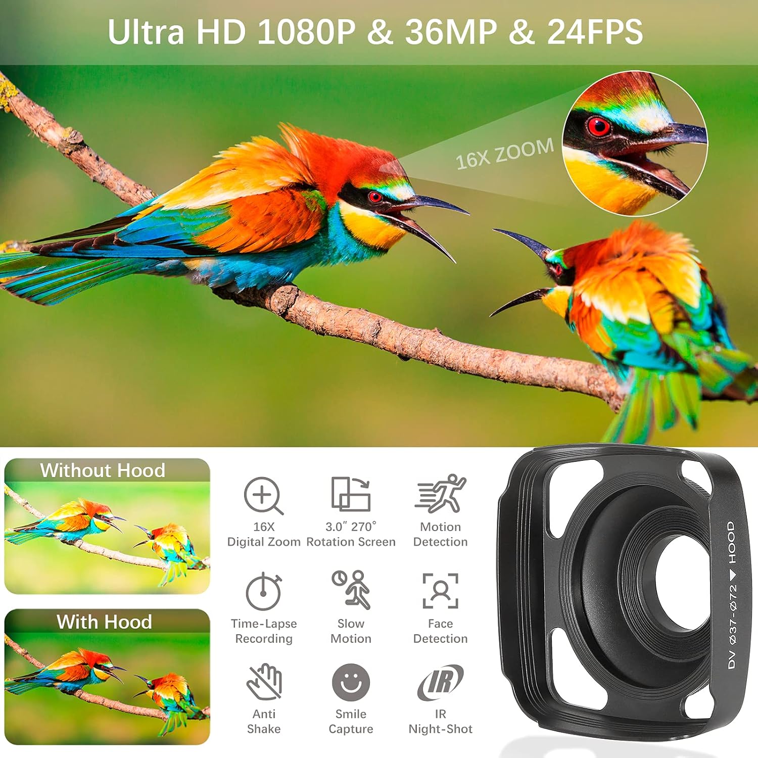 Camcorder 1080P Video Camera YEEHAO 36MP 3.0 Inch IPS Touch Screen IR Night Vision 16X Digital Zoom Camcorder with External Microphone Handheld