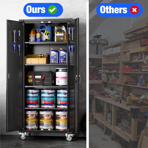 71" Metal Storage Cabinet with Wheels and Pegboard, Lockable Rolling Steel Storage Cabinet with 5 Adjustable Shelves and Door for Garage, Office