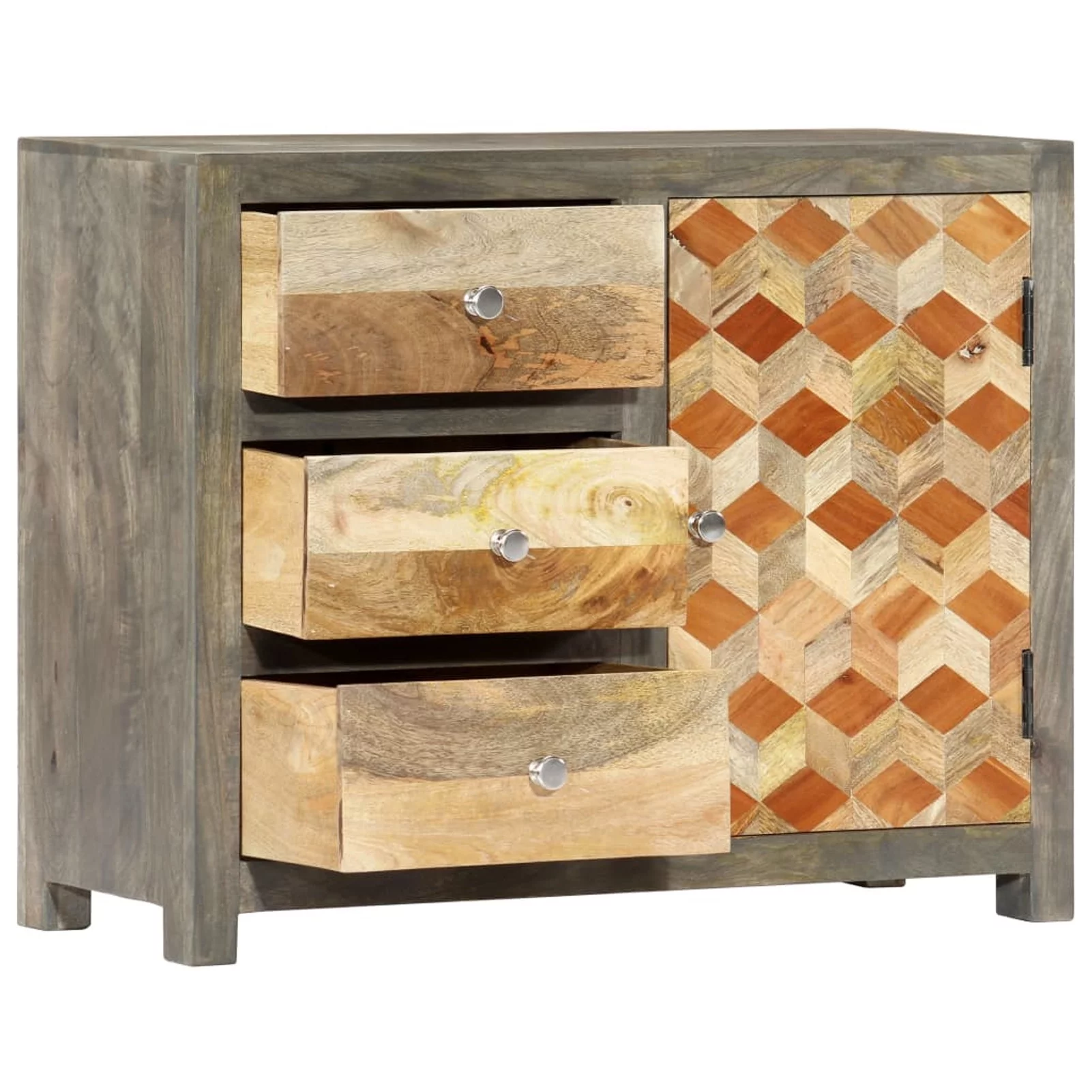 moobody Side Cabinet with Door and 3 Storage Drawers Mango Wood Sofa End Table Living Room, Bedroom