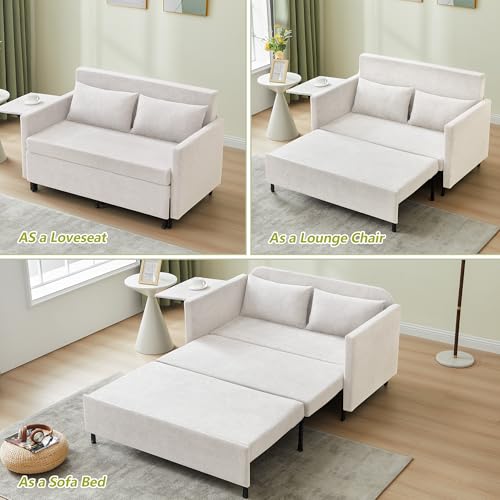 3-in-1 Sleeper Sofa Bed, 51'' Convertible Folding Couch with Pullout Bed, Chenille Futon Sleeper Sofa with Side Table and 2 Pillows