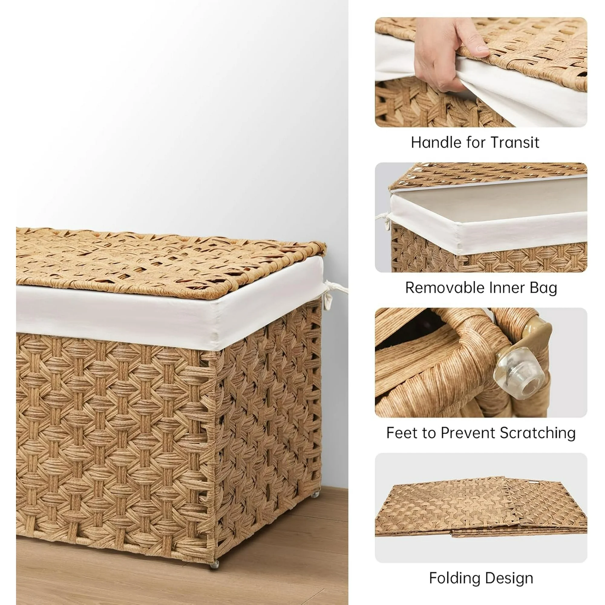 Wicker Storage Basket with Lid, 17.2 Gallon (65L) Small Blanket Basket with Lid, Woven Storage Bin with Handles, Removable Liner, Metal Frame