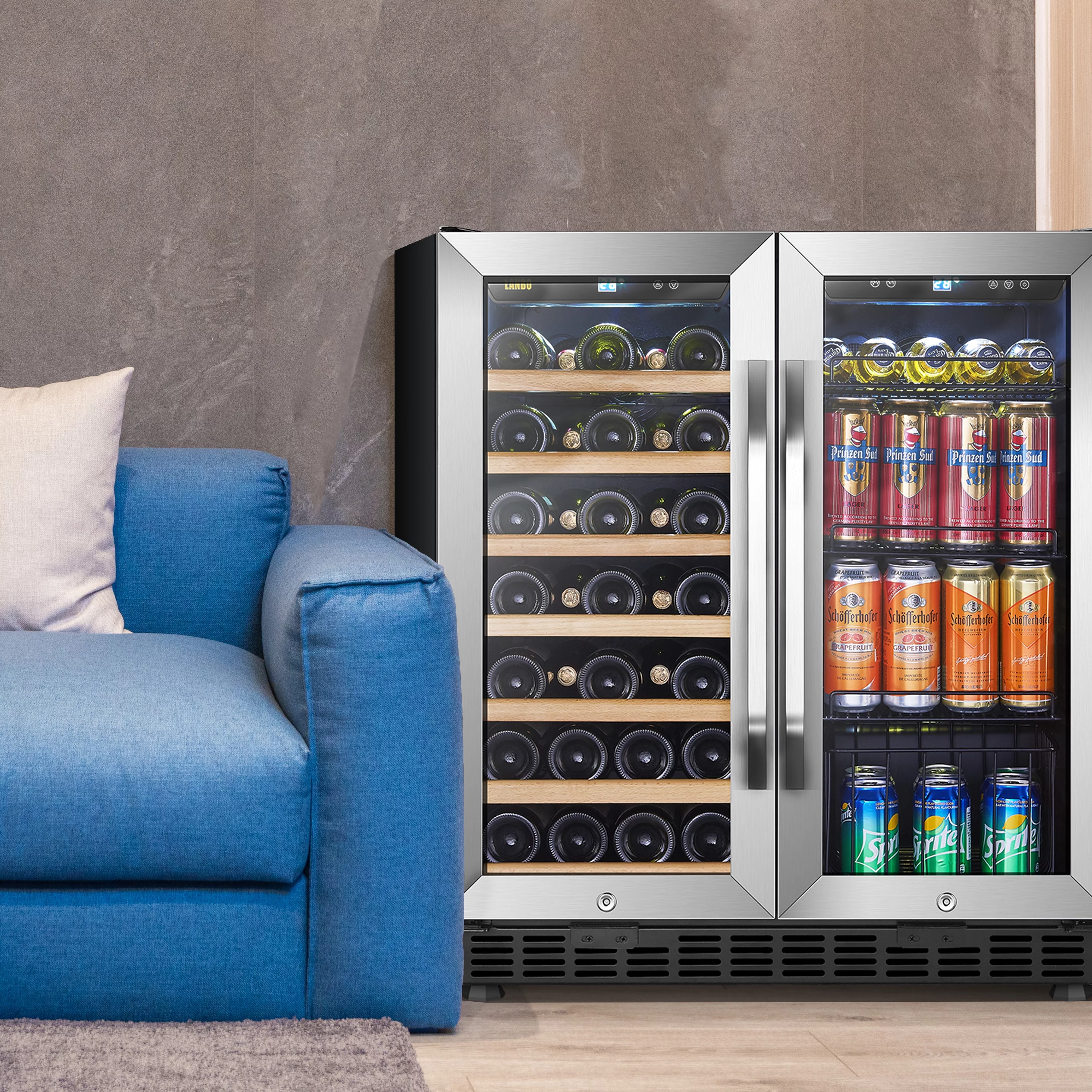 Lanbo 70 Can 33 Bottle Under Counter Dual Zone Wine Refrigerator and Beverage Cooler 30 inch Width