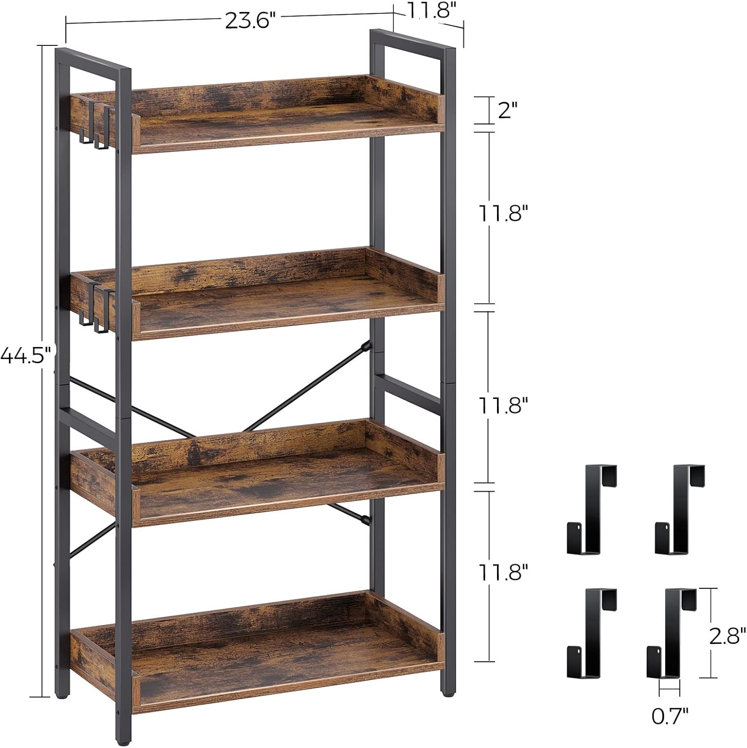 Rolanstar 5 Tier Bookshelf, Industrial Wood Bookcase with 4 Hooks, Vintage Storage Rack with Open Shelves