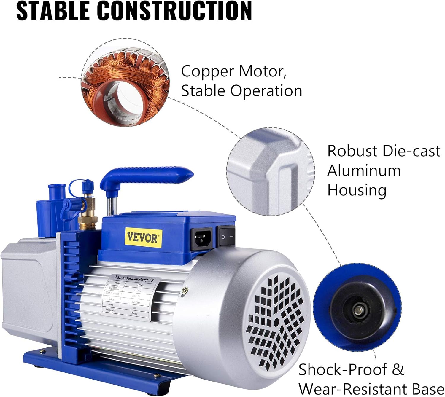 VEVOR Vacuum Pump 12 CFM 1 HP Double Stage Air Conditioning Vacuum Pump 110V Ultimate Vacuum Refrigerant HVAC Air Tool for Automobile Reparation