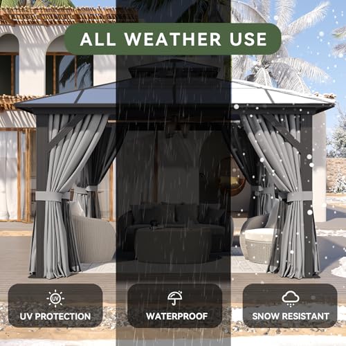Aoxun 12'x10' Hardtop Gazebo, Aluminum Frame Permanent Pavilion with Curtains and Netting, Outdoor Polycarbonate Double Roof Canopy