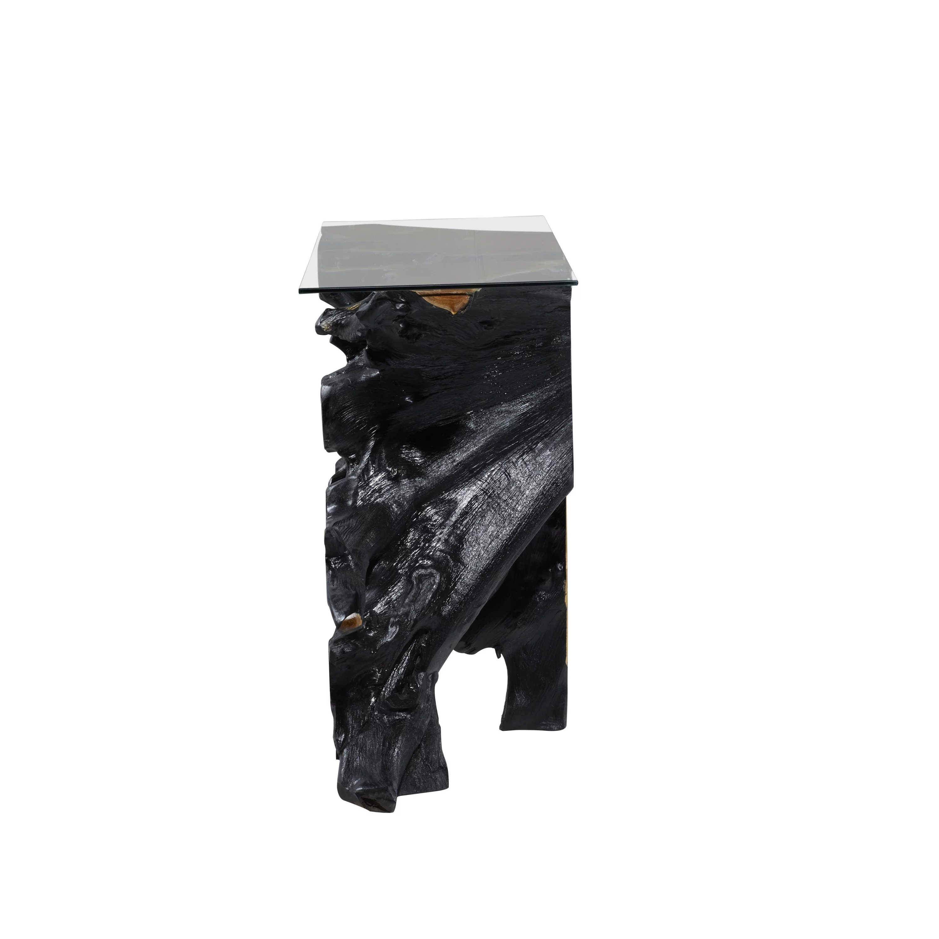 DecMode 49" x 32" Black Teak Wood Live Edge Tree Stump Console Table with Clear Glass Top, 1-Piece