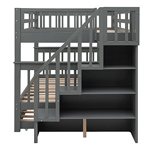 Harper & Bright Designs Twin Over Twin Bunk Bed with Stairs and Trundle, Solid Wood Stairway Bunk Bed Frame with Storage