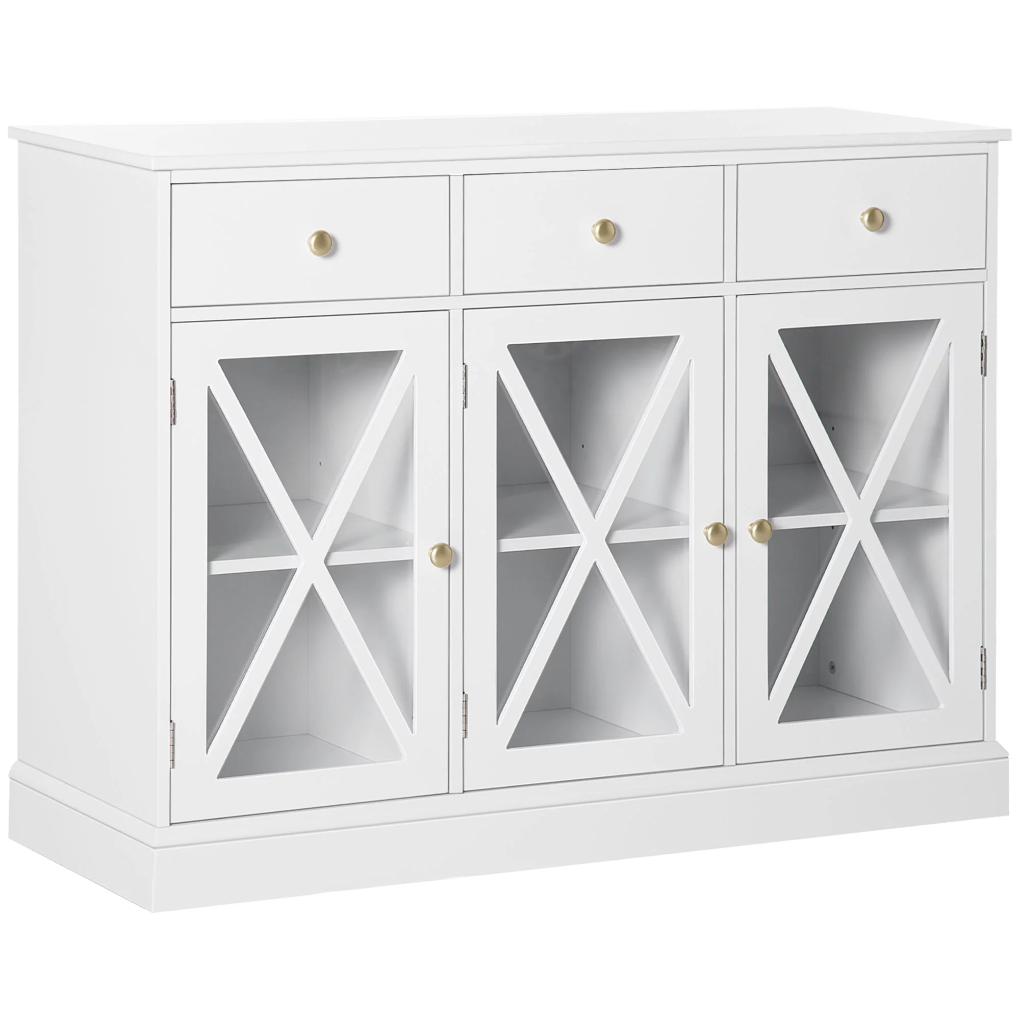 HOMCOM 45" Farmhouse Sideboard Buffet Cabinet with Glass Doors and 3 Drawers, White
