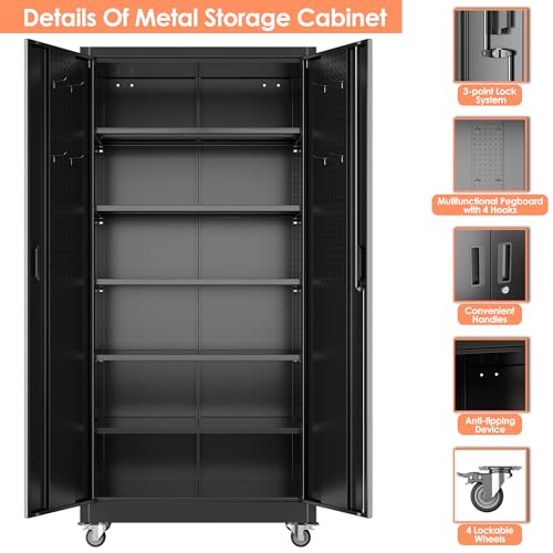 71" Metal Storage Cabinet with Wheels and Pegboard, Lockable Rolling Steel Storage Cabinet with 5 Adjustable Shelves and Door for Garage, Office