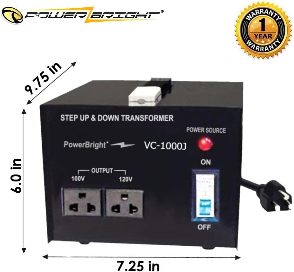 PowerBright 1000W Step Up & Down Japanese Transformer, Power ON/Off Switch, Can be Used in 120 Volt Countries and 100 Volt Countries
