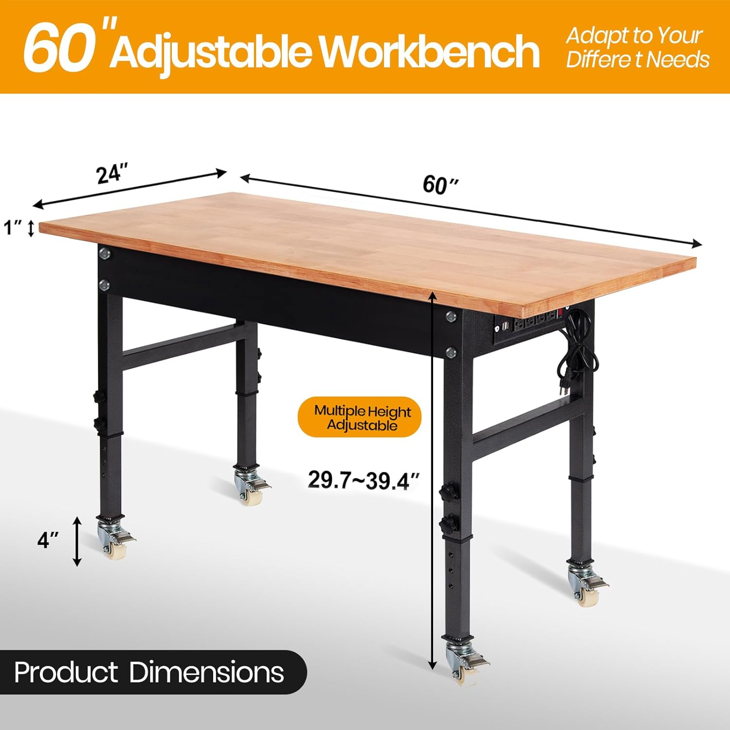 60" Adjustable Work Bench, Rubber Wood Top Workbench Heavy-Duty Work Table with Power Outlet with Wheels