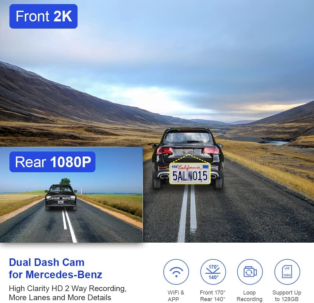 Dash Cam Front and Rear for Mercedes-Benz A C E Class CLS CLA GLA GLB GLC GLE GLS AMG, Fitcamx OEM Style Driving Recorder, Dual 1440P +1080P