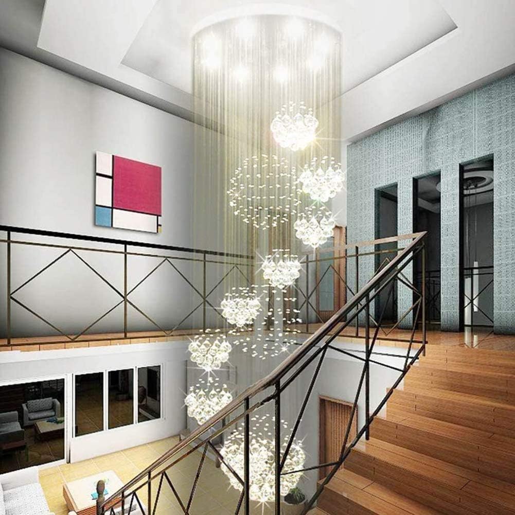 Staircase Crystal Chandeliers, Siljoy Modern 11 Sphere Spiral K9 Rain Drop Ceiling Light Fixture for Hotels Villas, 13 Lights, Dia 31.5 X H86.6