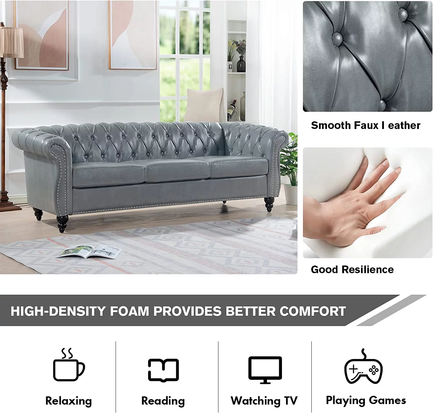 84" Leather Chesterfield Sofas for Living Room, Rolled Arm 3-Seater Large Couch Deep Button Nailhead Tufted Upholstered Couches for Bedroom