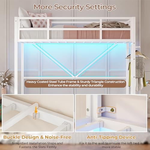 DICTAC Loft Bed Twin Size with Ladder and Guardrail,Metal Twin Loft Bed with Led Lights,Small Space Saving Furniture Design for Bedroom