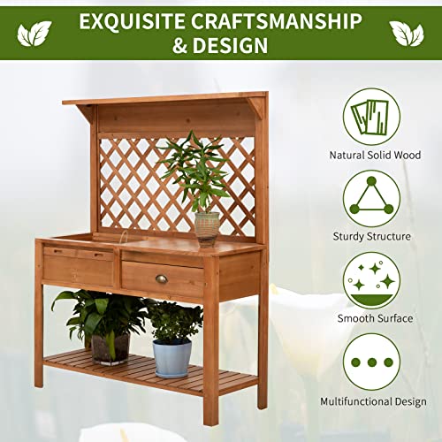 Outsunny Garden Potting Bench, Outdoor Wooden Workstation Table w/Metal Screen, Drawer, Hooks, Storage Shelf, and Lattice Back for Patio