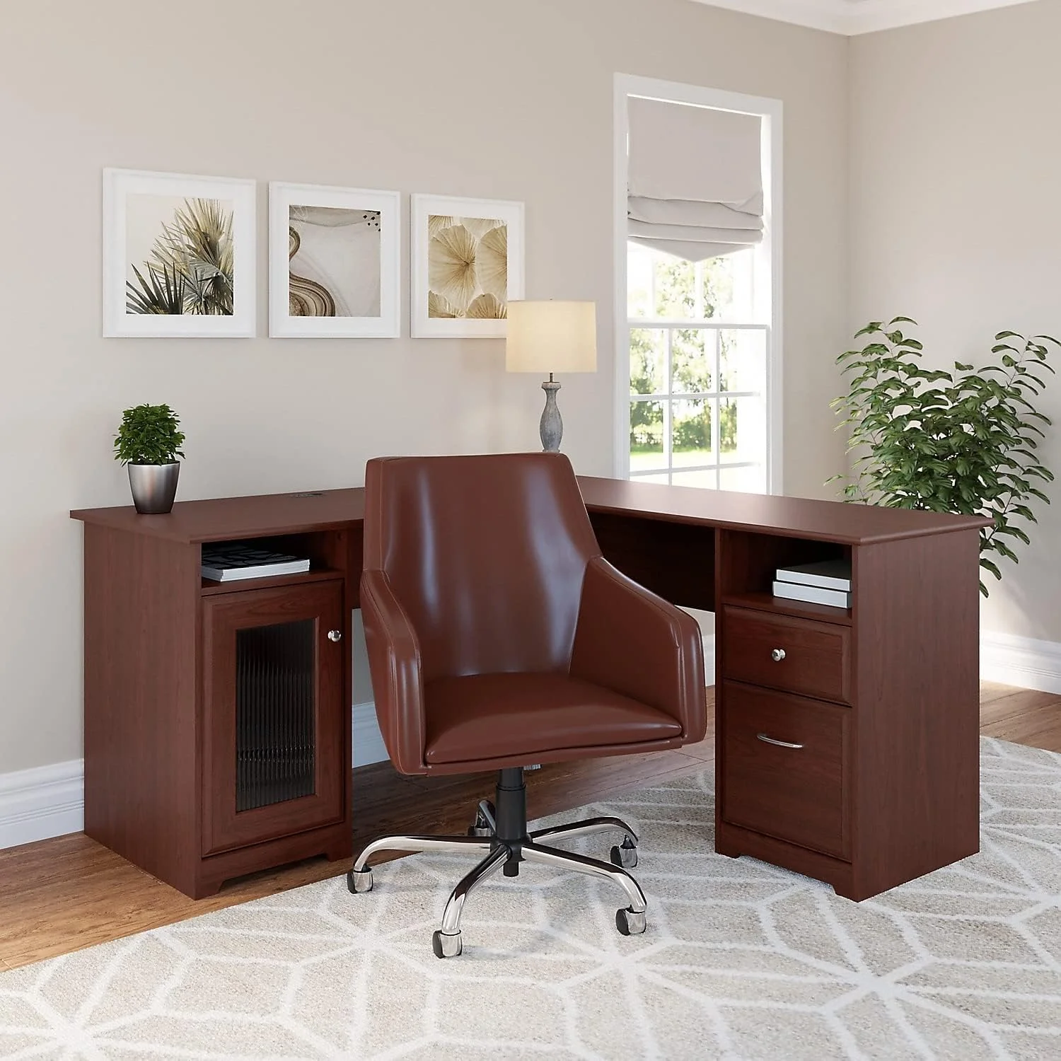 Cabot L Shaped Computer Desk In Harvest Cherry, Corner Table With Drawers For Home Office
