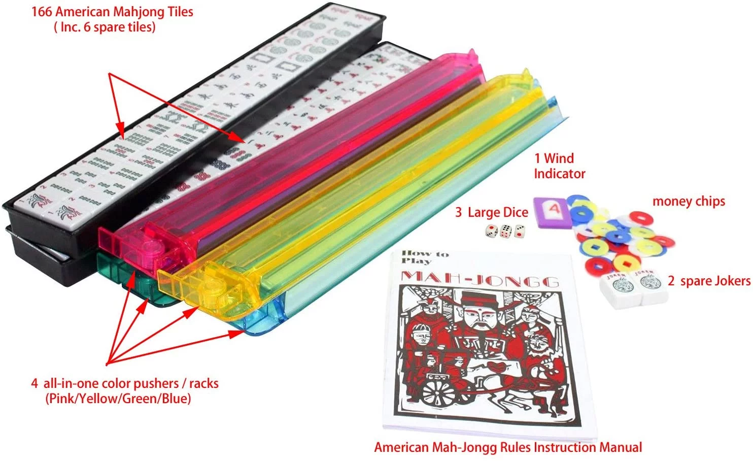 American Mahjong Game Set, Red Paisley Carrying Bag,166 Premium White Tiles,4 All-in-One Color Rack/Pushers,100 Chips,1 Wind Indicator